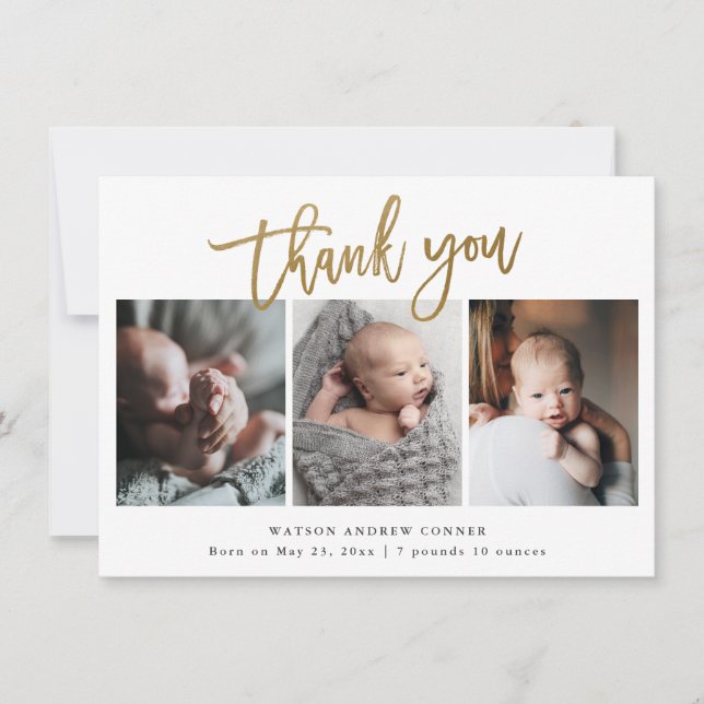 Tarjeta De Agradecimiento Simple Gold Script 3 Photo Baby (Anverso)
