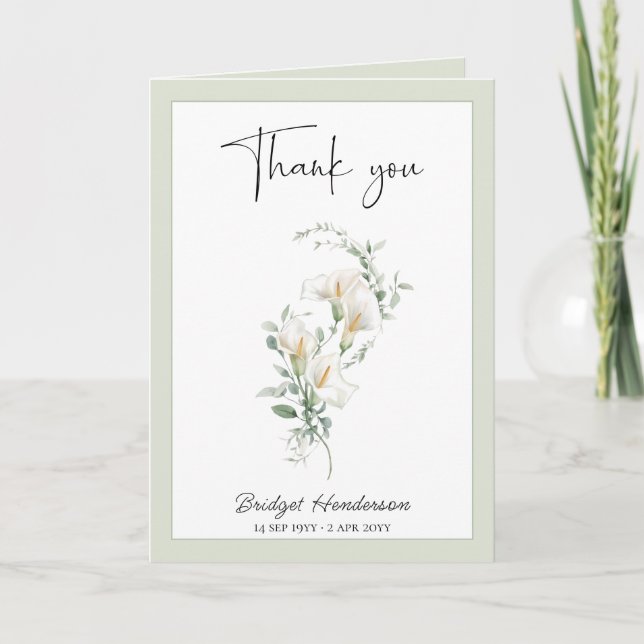 Tarjeta De Agradecimiento Simple Lirio de Calla Blanco Eucalipto Simpatía (Anverso)