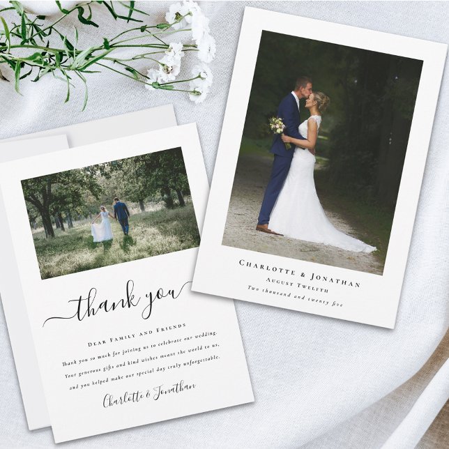 Tarjeta De Agradecimiento Simple Modern Wedding Photo (Simple modern wedding photo thank you card Elegant script 2 photos bride & groom message)