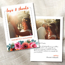 Tarjeta De Agradecimiento Simple Orange Pink Watercolor Floral Photo Wedding