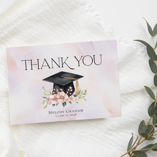 Tarjeta De Agradecimiento Simple Pastel Graduate Cap Flowers Graduation (Subido por el creador)