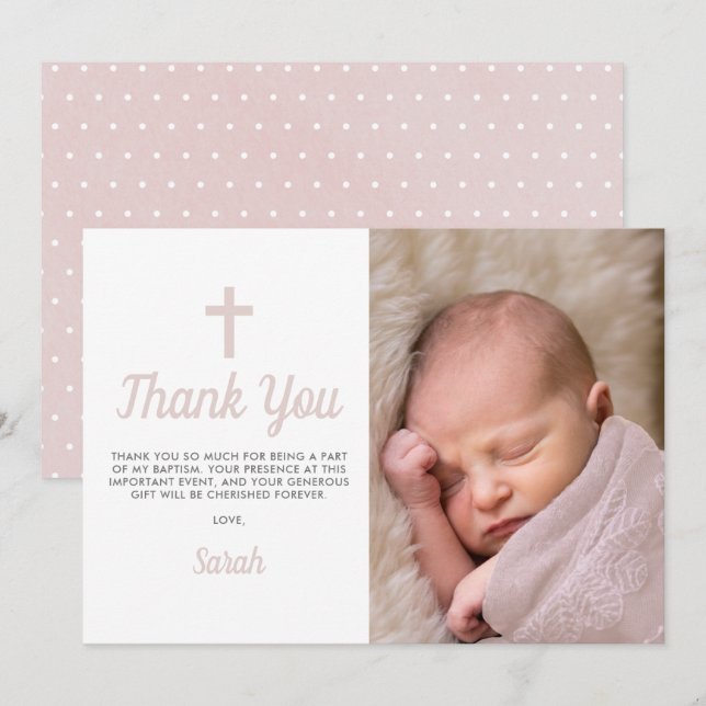 Tarjeta De Agradecimiento Simple Pink Girl Baptism Christening Photo (Anverso / Reverso)