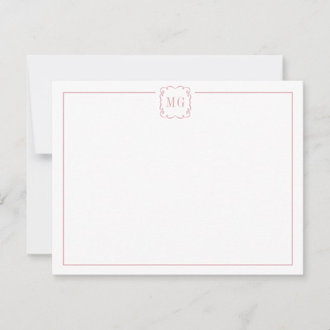 Tarjeta De Agradecimiento Simple rosa y blanco monogramado plano (Anverso)
