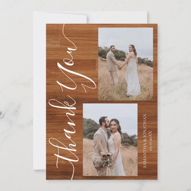 Tarjeta De Agradecimiento Simple Rustic Wood Elegant Script 5 fotos boda (Anverso)