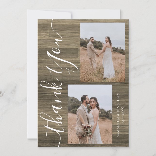 Tarjeta De Agradecimiento Simple Rustic Wood Elegant Script 5 fotos boda (Anverso)