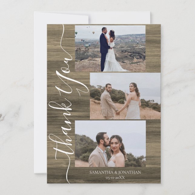Tarjeta De Agradecimiento Simple Rustic Wood Elegant Script 6 boda de fotos (Anverso)