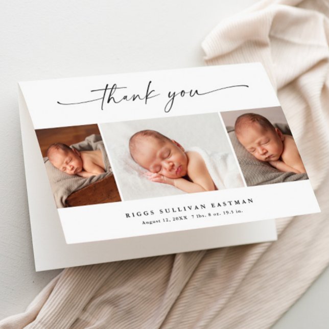Tarjeta De Agradecimiento Simple Script 3 Colaje de Fotos de Bebé (Elegant modern script 3 photo collage baby photo thank you card.)