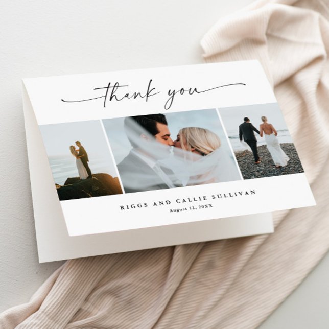 Tarjeta De Agradecimiento Simple Script 3  Foto de Boda  (3 Photo Collage Folded Wedding Thank You Card.)