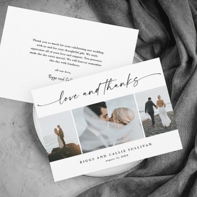 Tarjeta De Agradecimiento Simple Script Amor y Gracias 3 Foto Boda  (Elegant script love and thanks black and white modern 
 minimal wedding photo thank you card.)