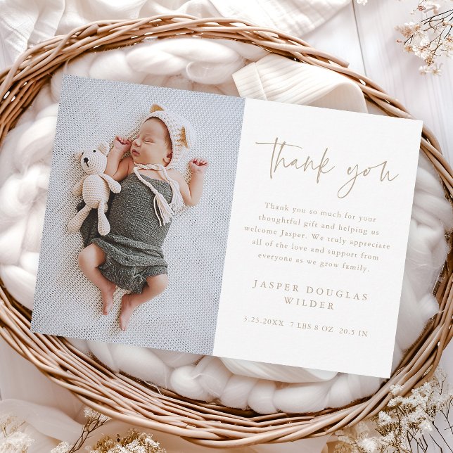 Tarjeta De Agradecimiento Simple Script Baby Photo (Simple modern script baby photo thank you cards.)