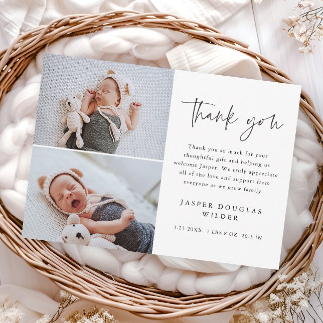 Tarjeta De Agradecimiento Simple Script Baby Photo (Simple modern script 2 photo baby thank you cards.)