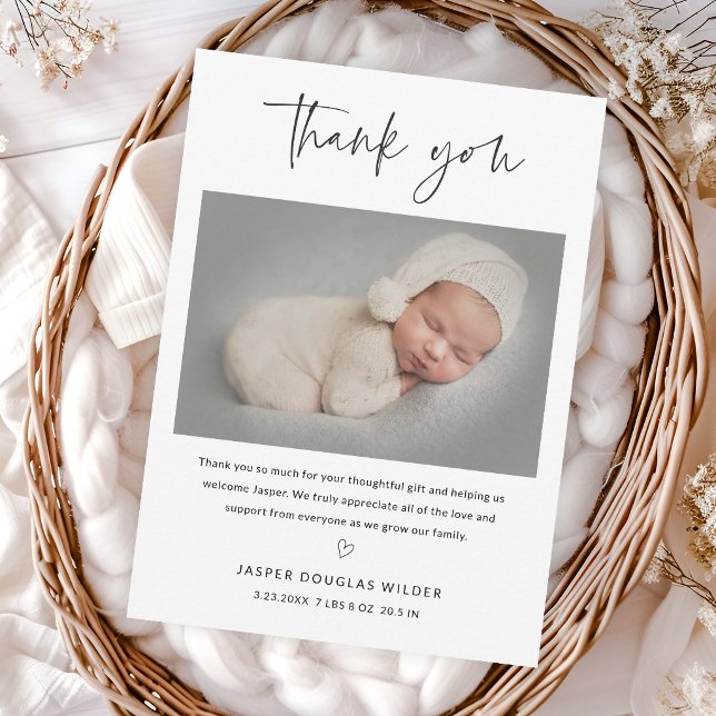 Tarjeta De Agradecimiento Simple Script Black and White Baby Photo (Simple script black and white baby photo thank you card announcement.)