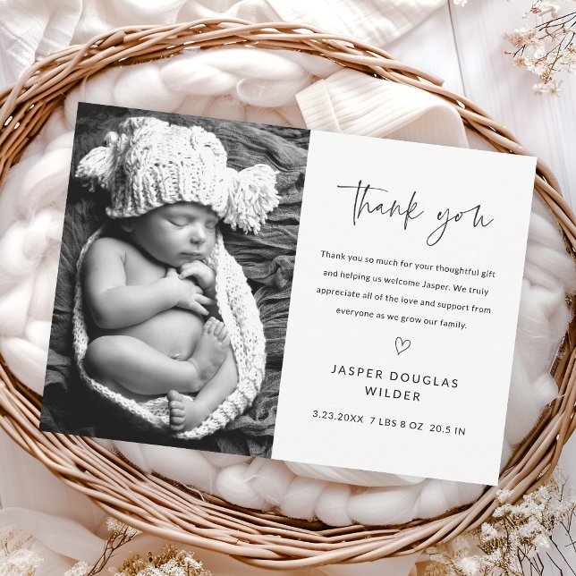 Tarjeta De Agradecimiento Simple Script Black and White Baby Photo (Simple script black and white baby photo thank you card announcement.)