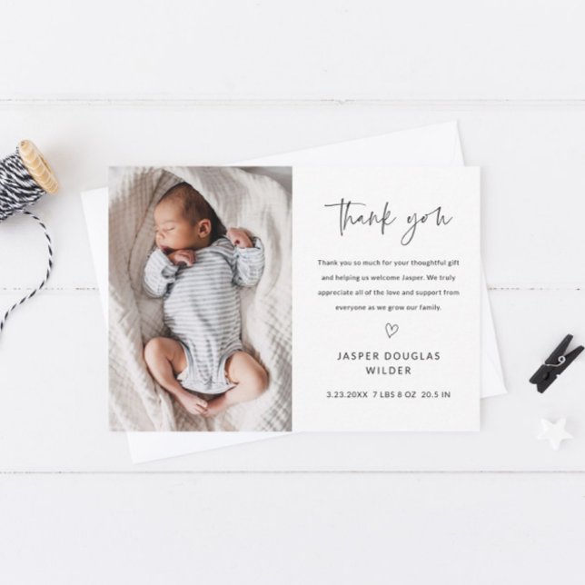 Tarjeta De Agradecimiento Simple Script Black and White Baby Photo (Simple handwritten black and white baby photo thank you card.)