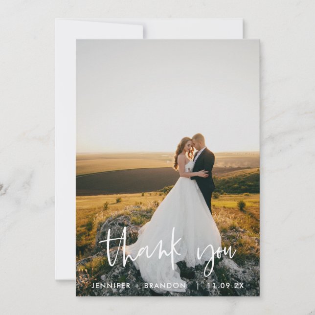 Tarjeta De Agradecimiento Simple Script Classy Boda Photo Gracias (Anverso)