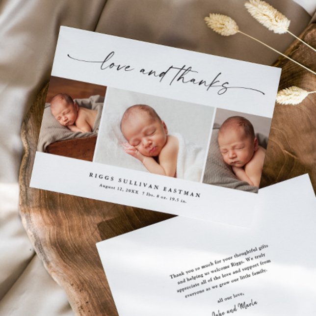 Tarjeta De Agradecimiento Simple Script Love and Thanks Photo Collage Baby (Modern script love and thanks 3 photo baby thank you cards.)