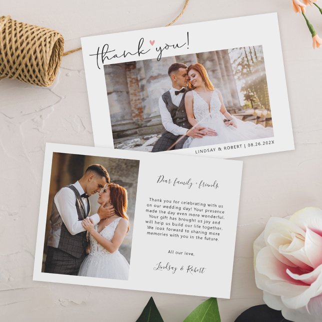 Tarjeta De Agradecimiento Simple Script Love Heart Classy Wedding Photo (Say "thank you" with grace and beauty with this Simple Script  Wedding Photo Thank Card.)