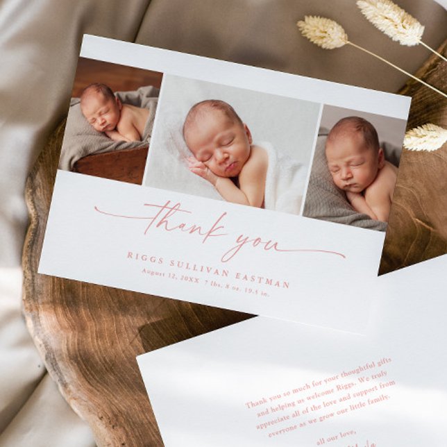 Tarjeta De Agradecimiento Simple Script Photo Collage Baby (Elegant modern script 3 photo collage baby thank you announcement card.)