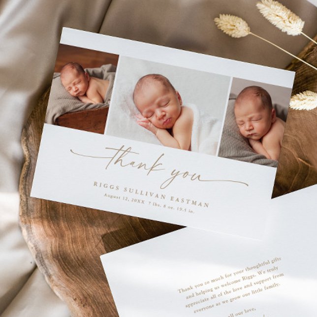 Tarjeta De Agradecimiento Simple Script Photo Collage Baby (Elegant modern script 3 photo collage baby thank you announcement card.)