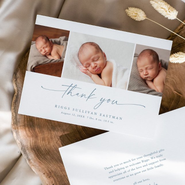 Tarjeta De Agradecimiento Simple Script Photo Collage Baby (Elegant modern script 3 photo collage baby thank you announcement card.)