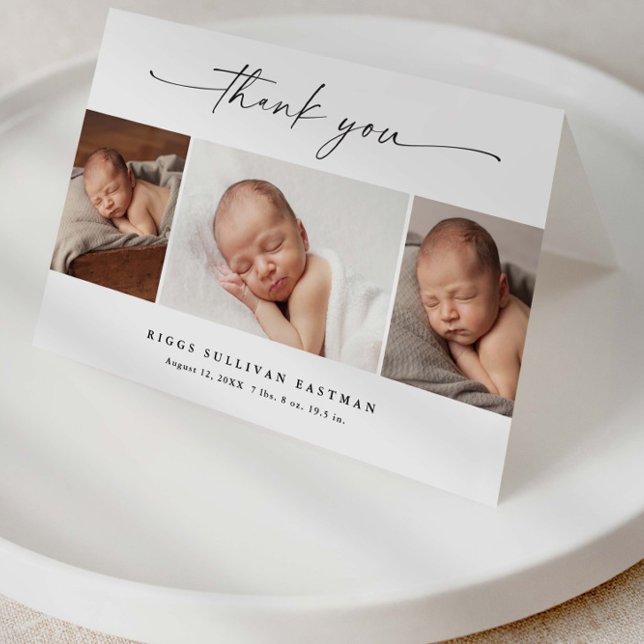 Tarjeta De Agradecimiento Simple Script Photo Collage Baby (Modern script 2 photo collage baby announcement thank you cards.)