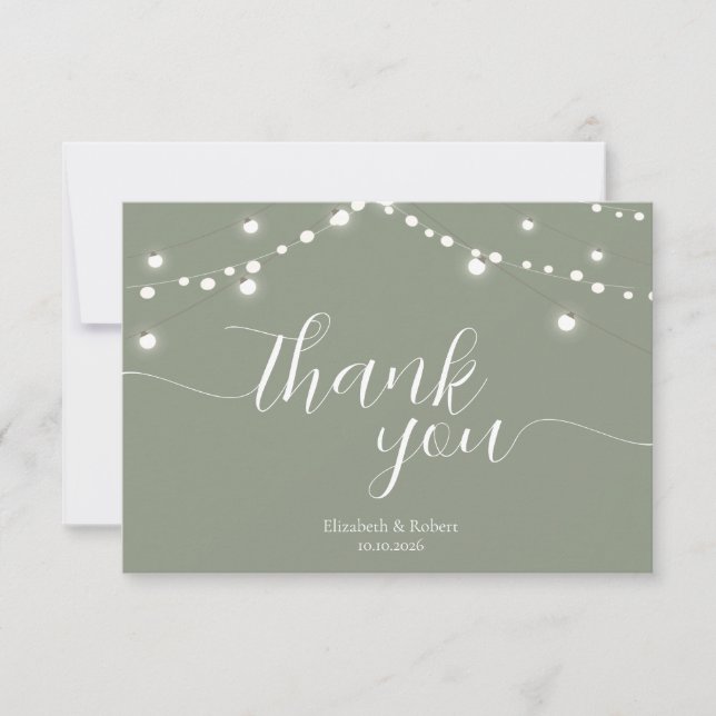 Tarjeta De Agradecimiento Simple String Lights Sage Green  Wedding (Anverso)