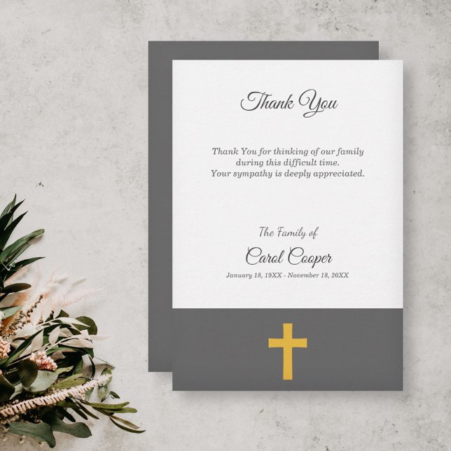 Tarjeta de agradecimiento simple, verde, cruzada d (Simple, Green, Gold Cross Funeral Thank You Card)