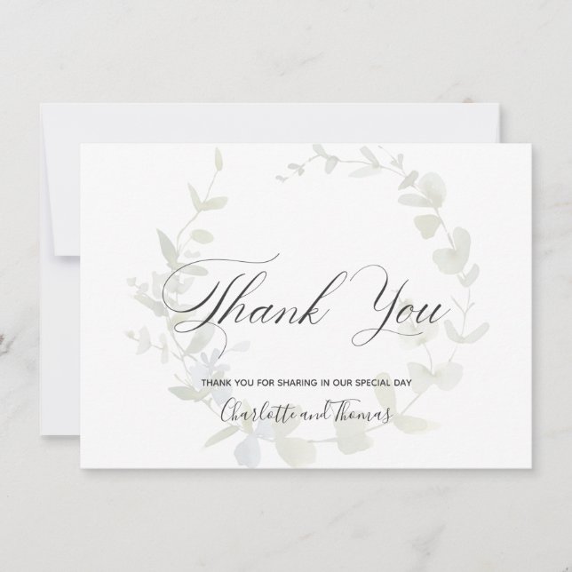 Tarjeta De Agradecimiento Simple Wreath Greenery Boda Gracias (Anverso)