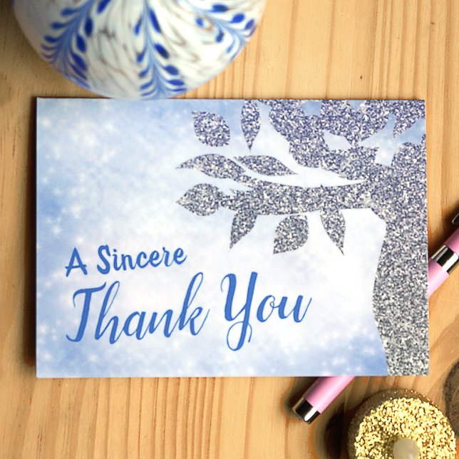 Tarjeta De Agradecimiento Sincero Esparkly Blue Gracias (Blue and silver glitter tree of life thank you card for bat mitzvah guests)
