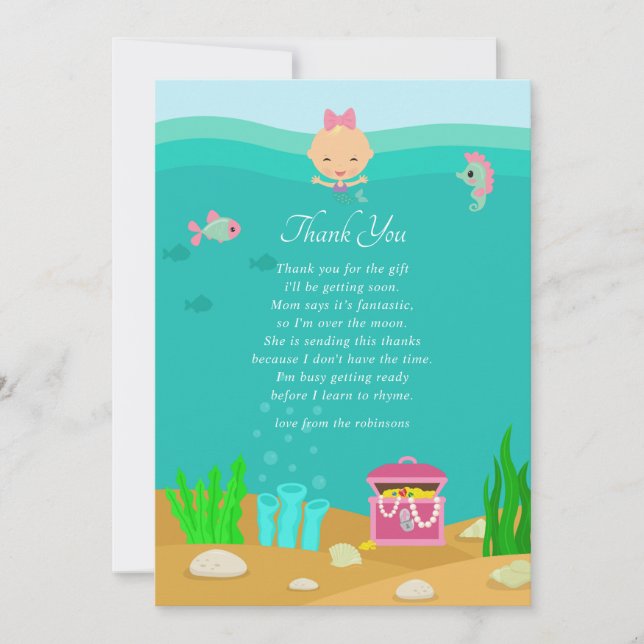 Tarjeta De Agradecimiento Sirena bajo el mar Baby Shower Gracias (Anverso)