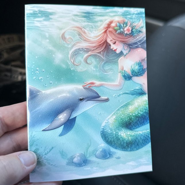 Tarjeta De Agradecimiento Sirena bajo la costa del mar (Mermaid with Dolphin Under the Sea blank notecard stationery)