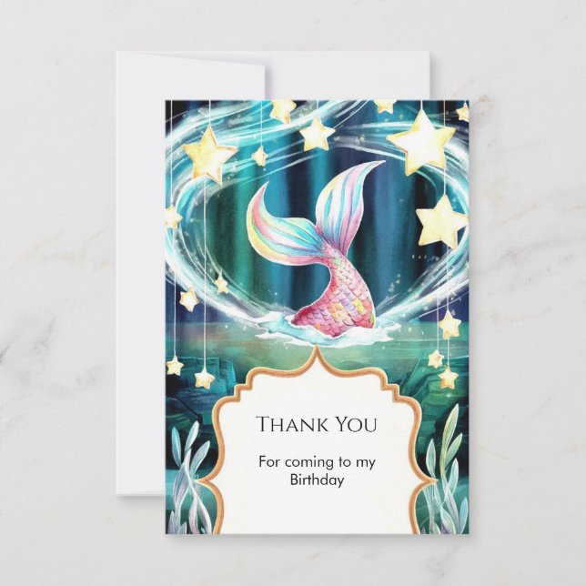 Tarjeta De Agradecimiento Sirena Colorida de Acuarela Cumpleaños (Anverso)