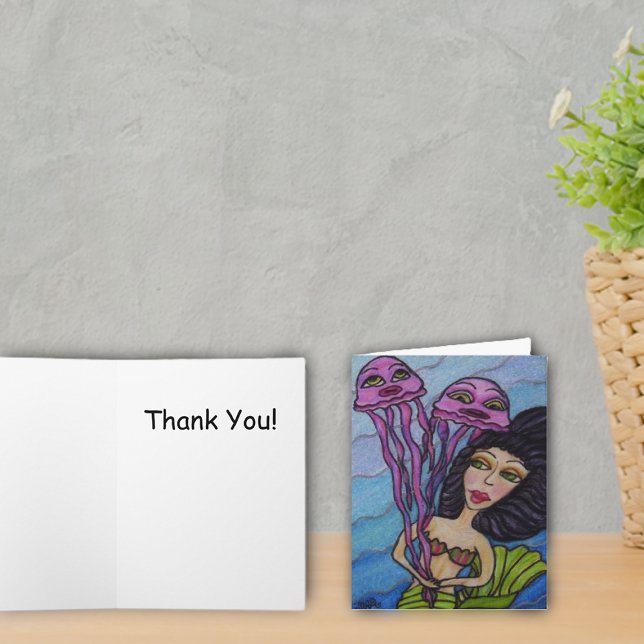 Tarjeta De Agradecimiento Sirena con medusa de medusas (Dark haired mermaid with purple jellyfish on blue thank you cards.)
