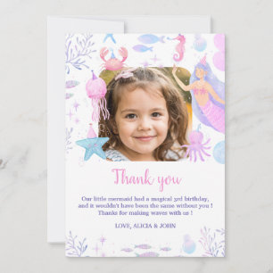 Tarjeta De Agradecimiento Sirena de Acuarela Bajo el Mar Cumpleaños 3
