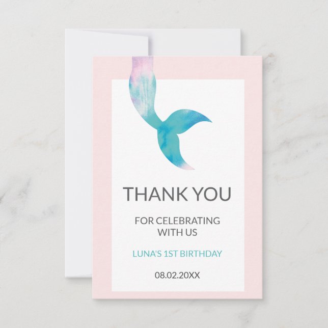 Tarjeta De Agradecimiento Sirena Debajo del Mar Cumpleaños 1 año Pastel Niña (Anverso)