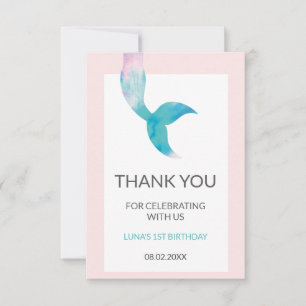 Tarjeta De Agradecimiento Sirena Debajo del Mar Cumpleaños 1 Pastel Niñas