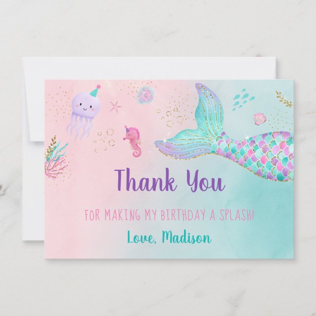 Tarjeta De Agradecimiento Sirena Rosa Oro Bajo El Cumpleaños Del Mar (Anverso)