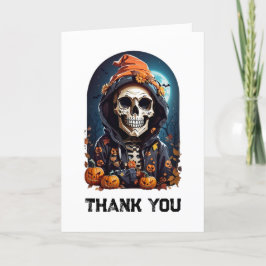Tarjeta De Agradecimiento Skeleton espeluznante con calabazas malvadas