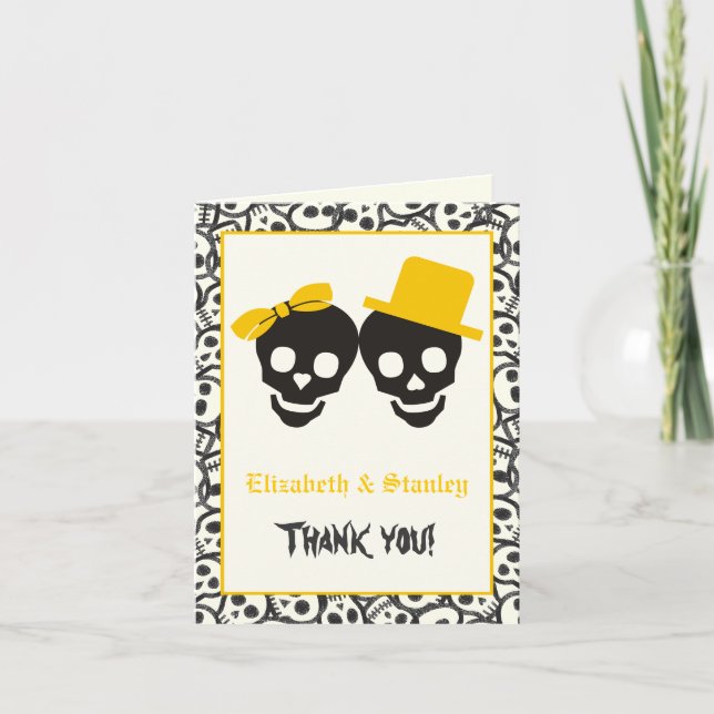 Tarjeta De Agradecimiento Skulls Halloween boda amarillo negro Gracias (Anverso)