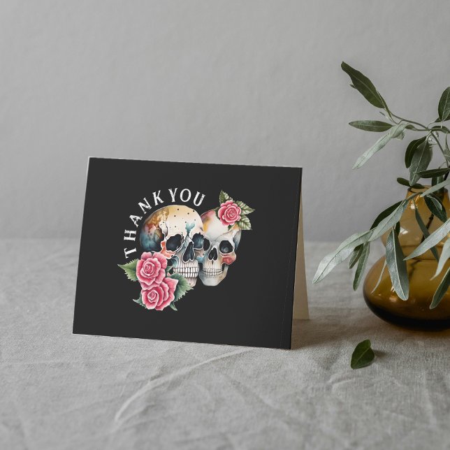 Tarjeta De Agradecimiento Skulls y Rosas Boda negro (Skulls & Roses Black Wedding Thank You Card
)