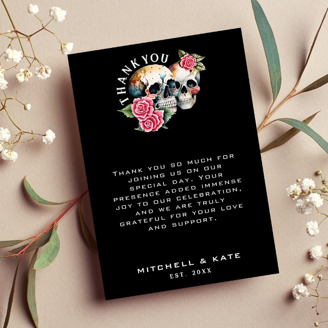 Tarjeta De Agradecimiento Skulls y Rosas Boda negro (Skulls & Roses Black Wedding Thank You Card)