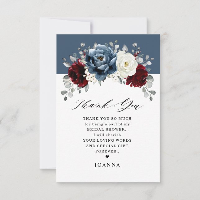 Tarjeta De Agradecimiento Slate Blue Burgundy White Ivory Boho Bridal Shower (Anverso)