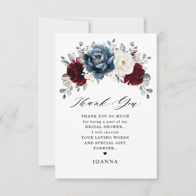 Tarjeta De Agradecimiento Slate Blue Burgundy White Ivory Boho Bridal Shower (Anverso)