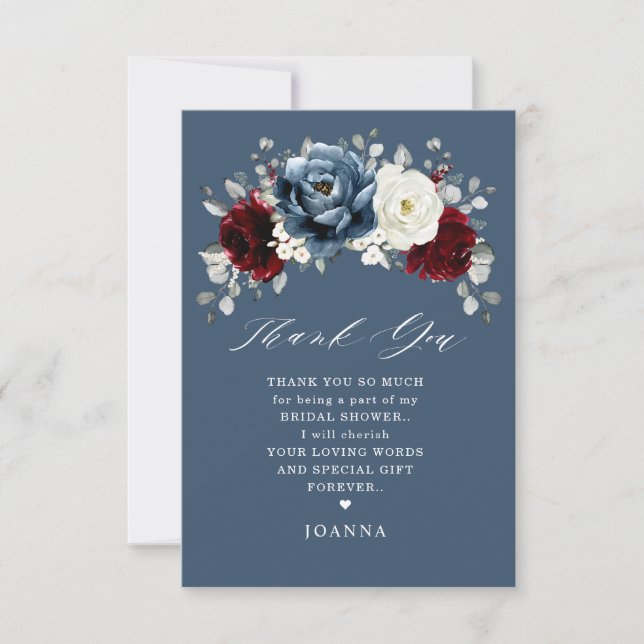 Tarjeta De Agradecimiento Slate Blue Burgundy White Ivory Boho Bridal Shower (Anverso)