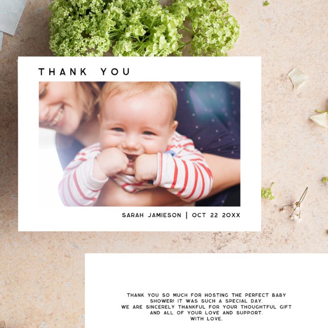 Tarjeta De Agradecimiento Sleek Simple Moderno Personalizado Foto Baby Showe (Sleek Simple Modern Custom Photo Baby Shower Thank You Card)