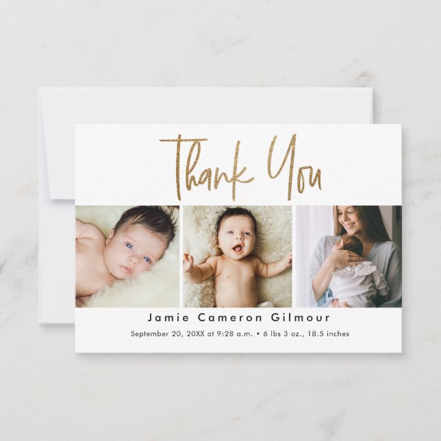 Tarjeta De Agradecimiento Small Modern Gold Script Custom 3 photo Baby (Anverso)