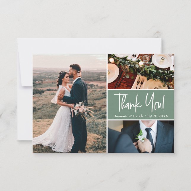 Tarjeta De Agradecimiento Small Sage green Custom Wedding photo collage (Anverso)