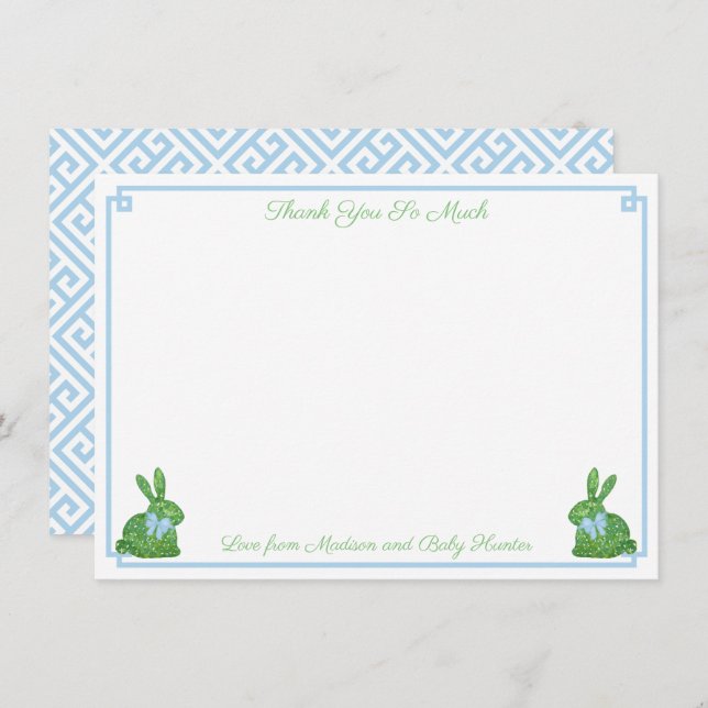 Tarjeta De Agradecimiento Smart Pale Blue Boxwood Bunny Boy Baby Shower (Anverso / Reverso)