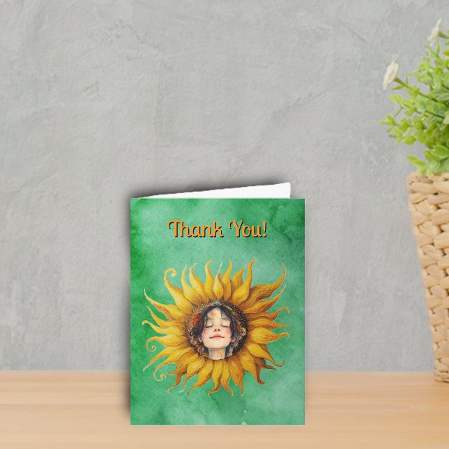 Tarjeta De Agradecimiento Smiling Girls Face in Middle of Yellow Sunflower (Smiling girl's face in middle of big fancy yellow sunflower on shades of green Thank you cards.)