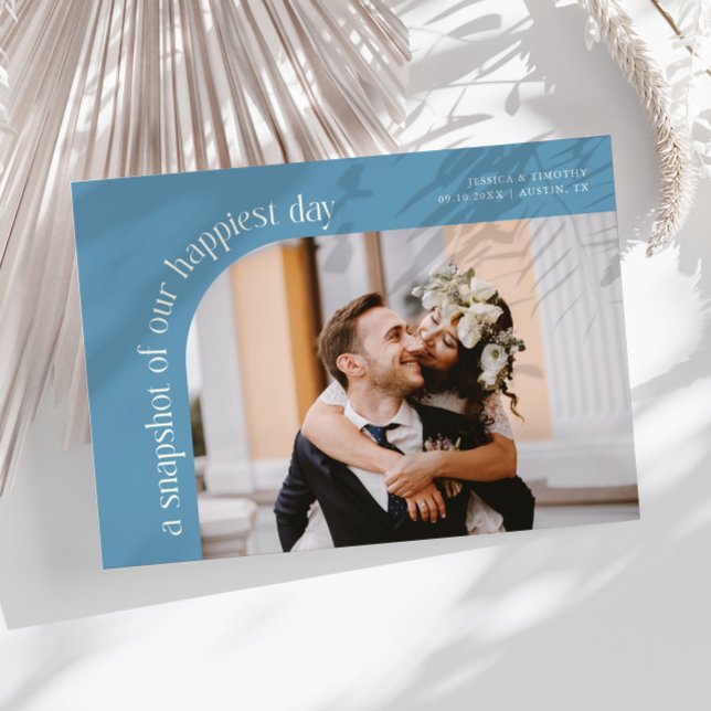 Tarjeta De Agradecimiento Snapshot Happiest Day Denim Blue Wedding Photo (Subido por el creador)